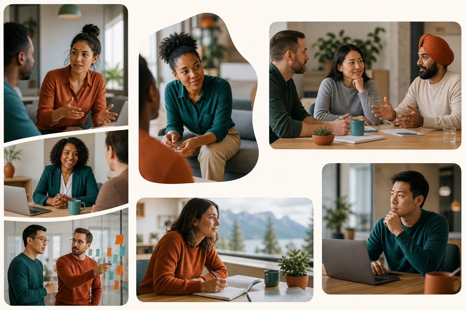 A diverse team comparing ideas during a collaborative meeting